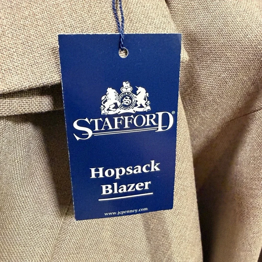 Vintage Stafford Mens Tan Hopsack Blazer 46R Wool Gold Buttons NWT Academia